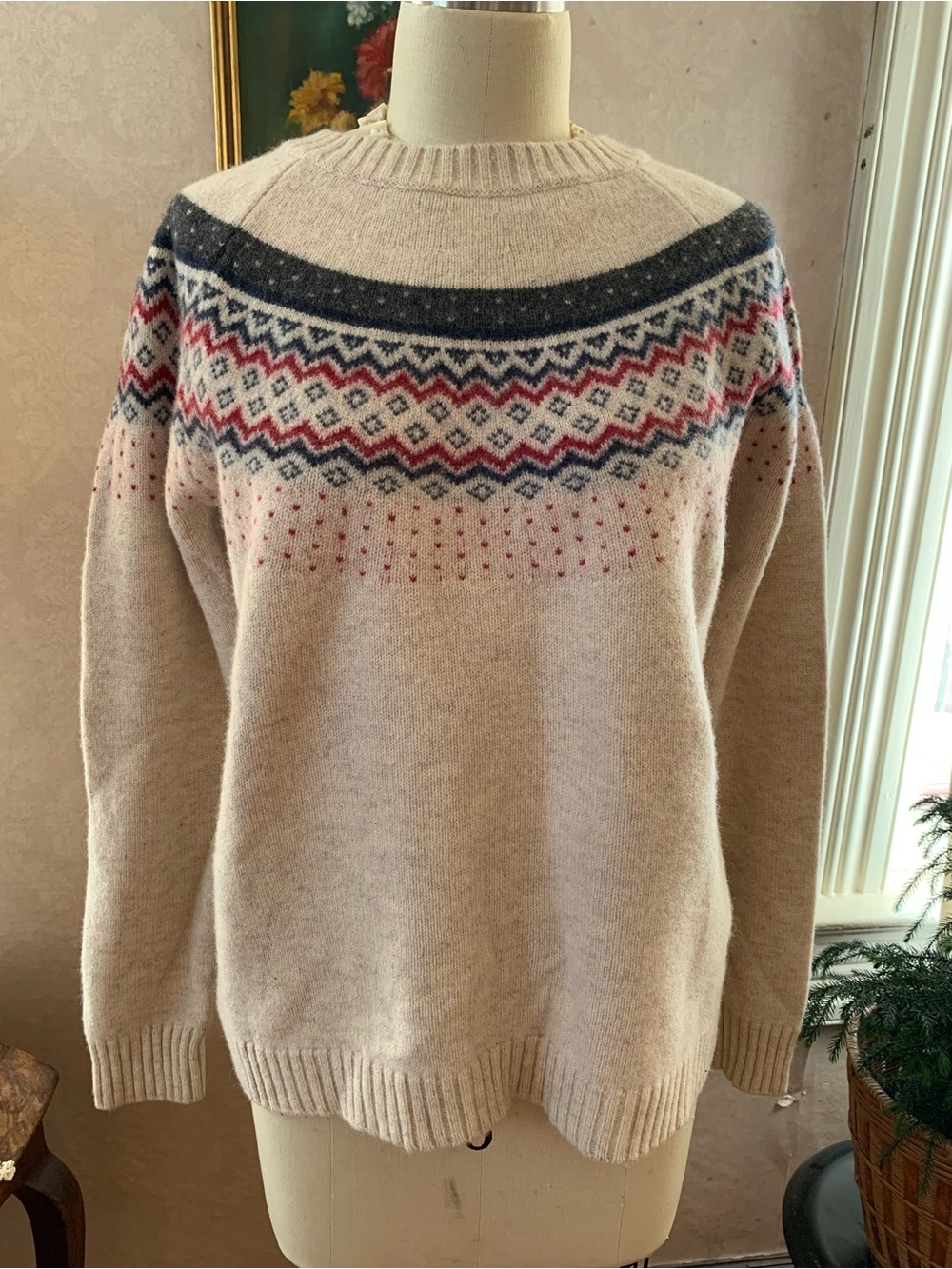 Duluth Trading Co Cream Fair Isle Crewneck Sweater Wool Cashmere Blend